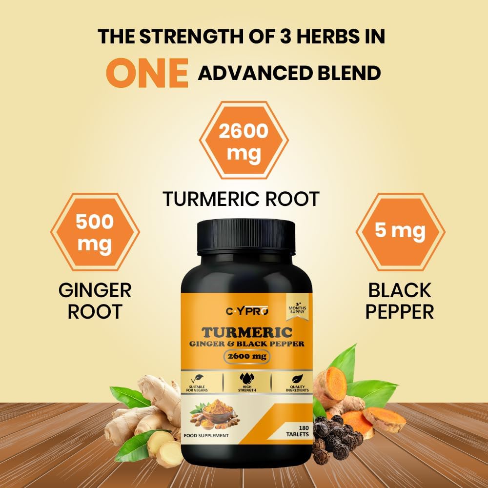 Turmeric Curcumin, Ginger & Black Pepper (Piperine) 2600mg – 180 Tablets