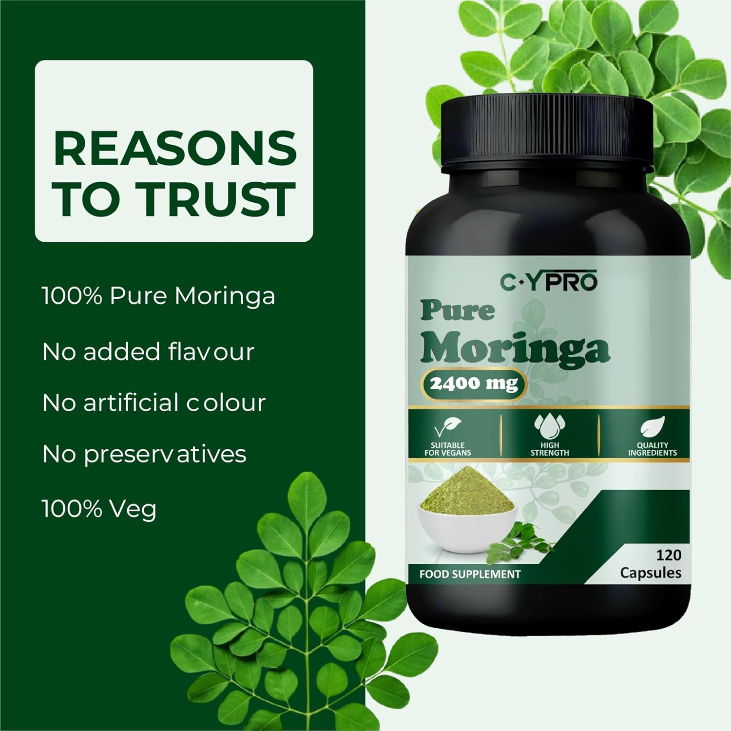 Pure Moringa Capsules 2400mg | High Strength Moringa Leaf | 120 Capsules
